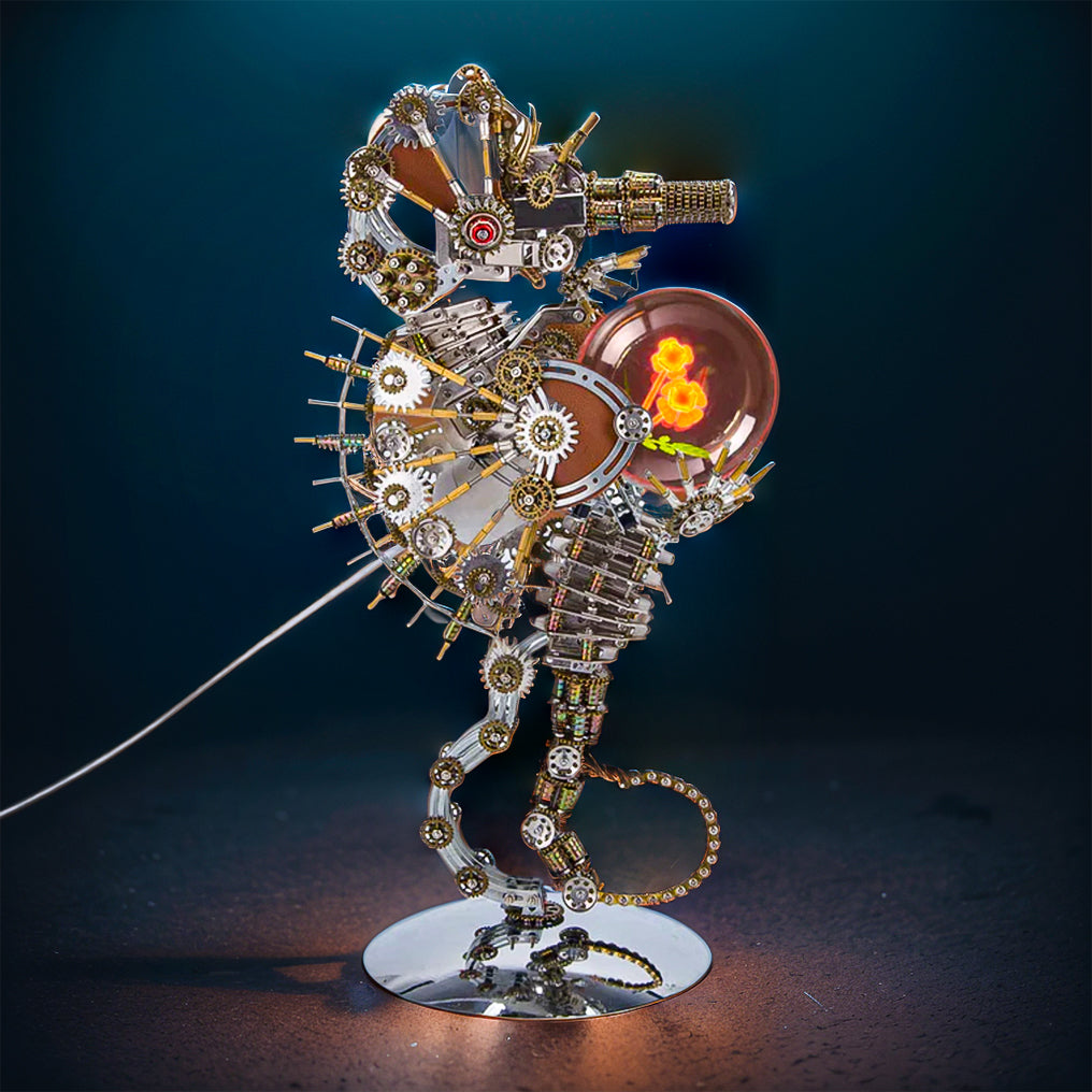 DIY 3D Metal Steampunk Mechanical Seahorse Puzzle with Lamp Model-2100PCS